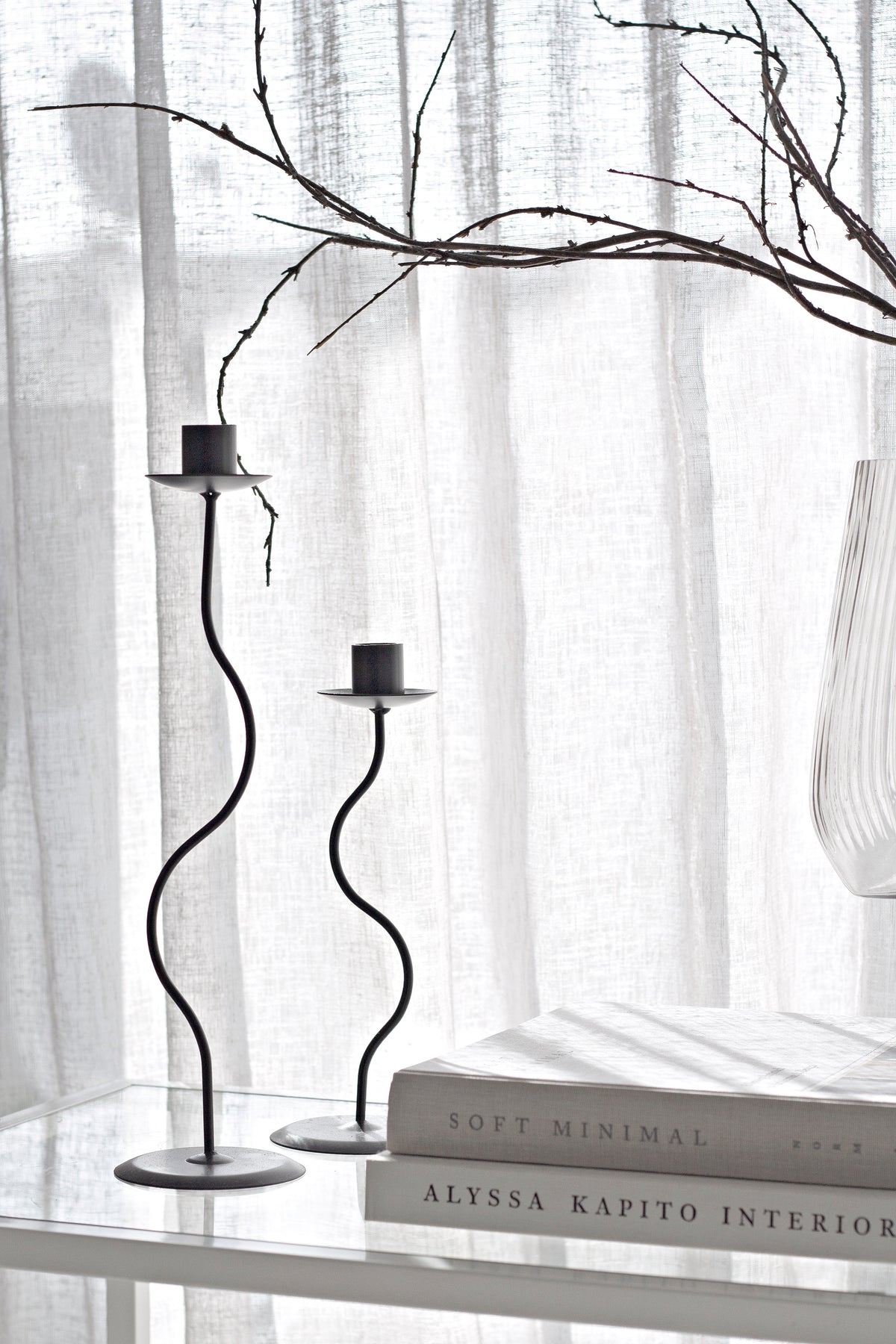 Black Hera pair on stacked books beneath bare branches at a sheer curtained window