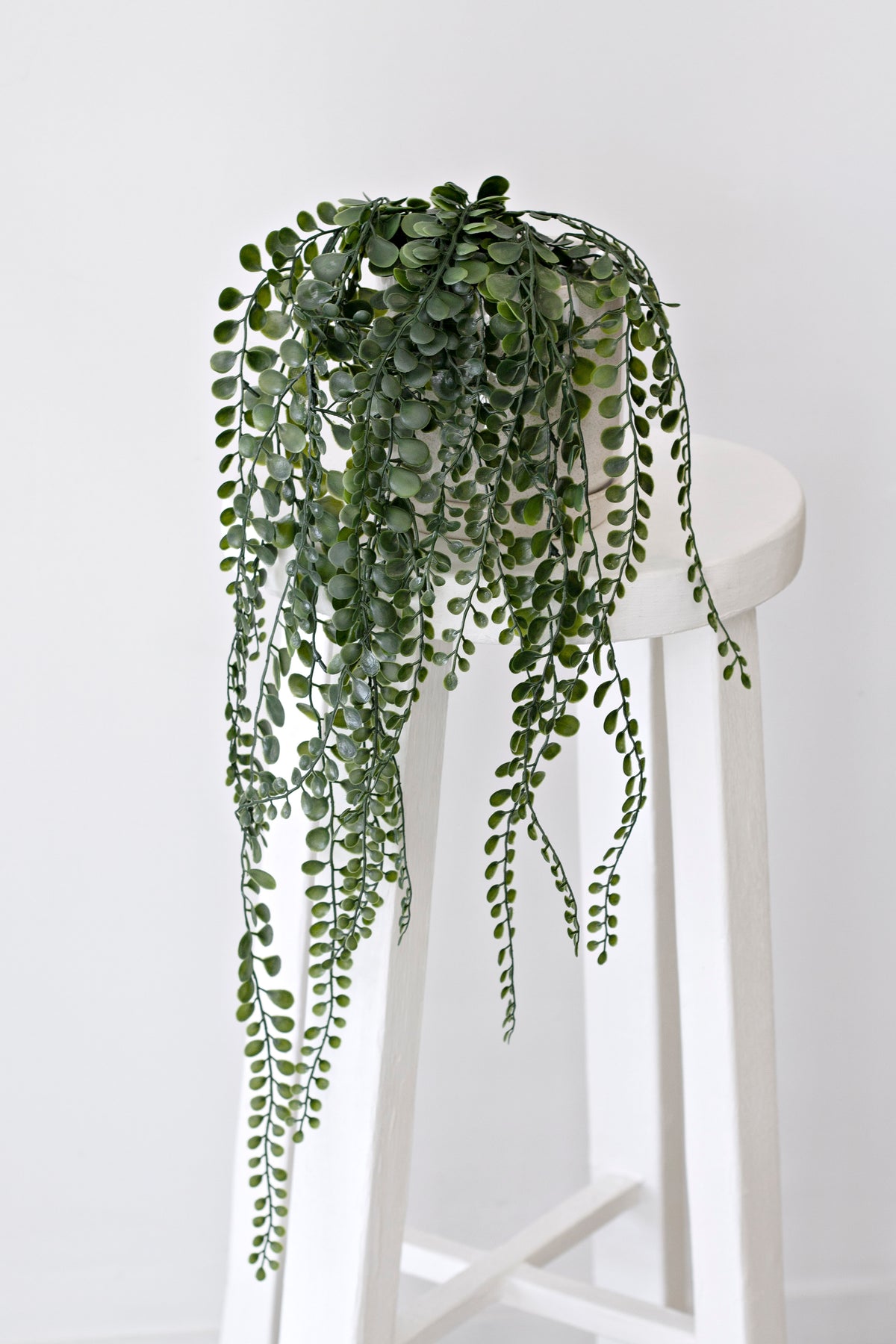 Faux pea leaf bush spilling down the side of a tall white stool