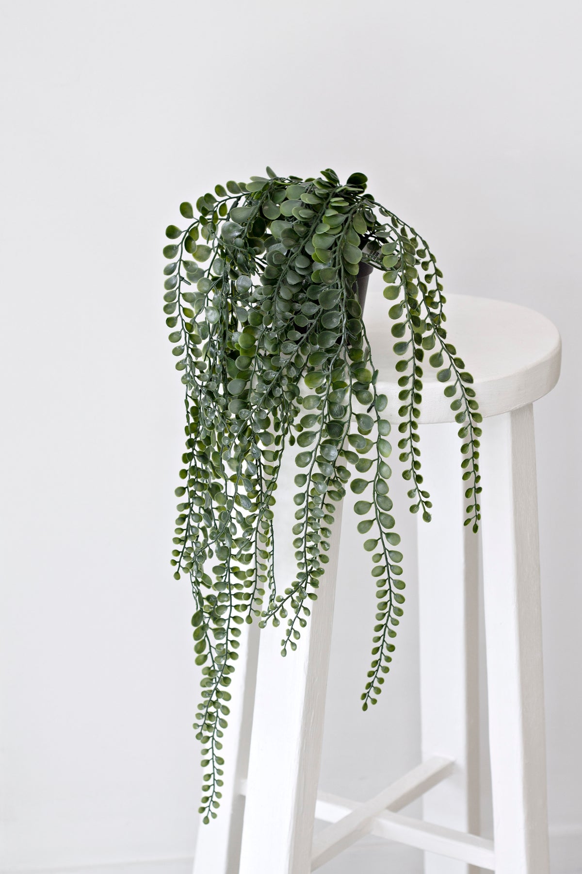 Faux pea leaf hanging bush draped over a white stool