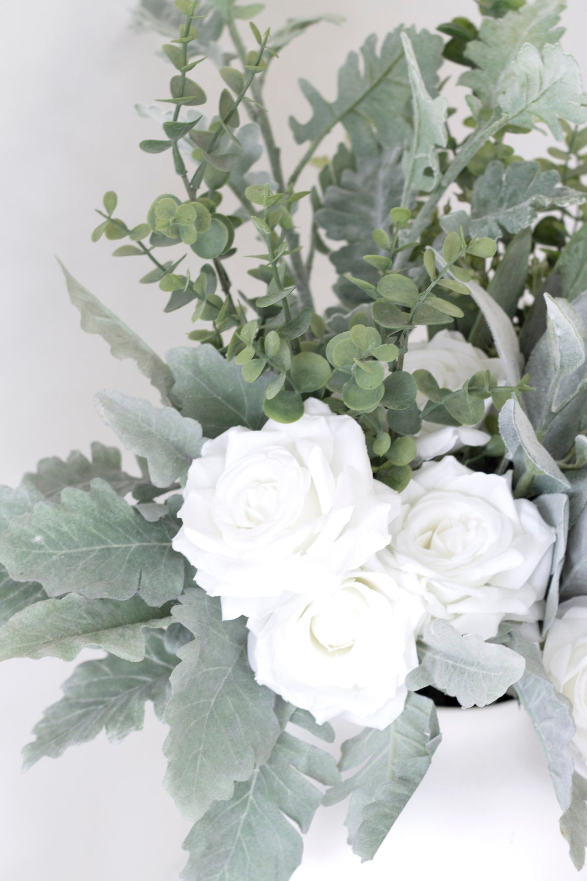 White roses among silvery leaves and eucalyptus, close view