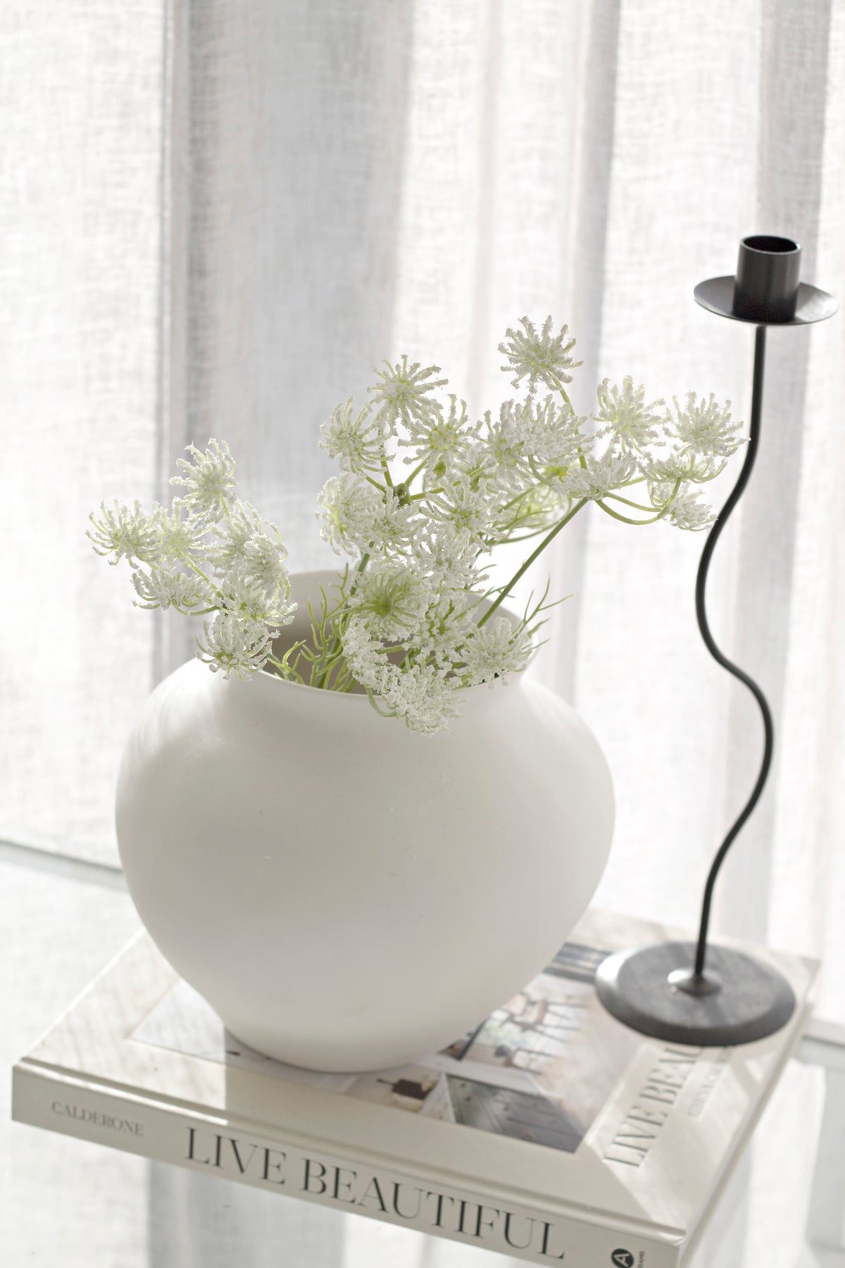 Single black Hera holder on books beside a round white vase of white daisies by a curtain