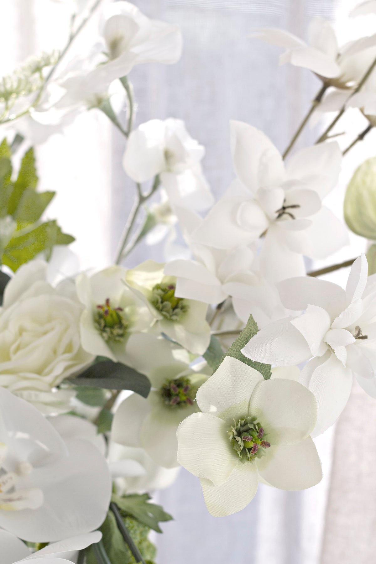 Cream hellebores with white orchids and roses by a window