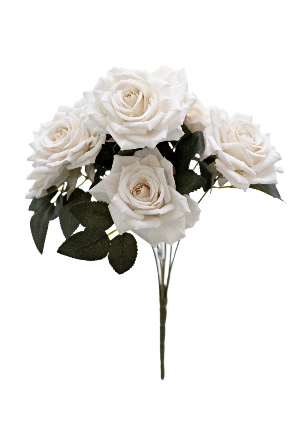 White faux rose bouquet with seven heads and green leaves, on white