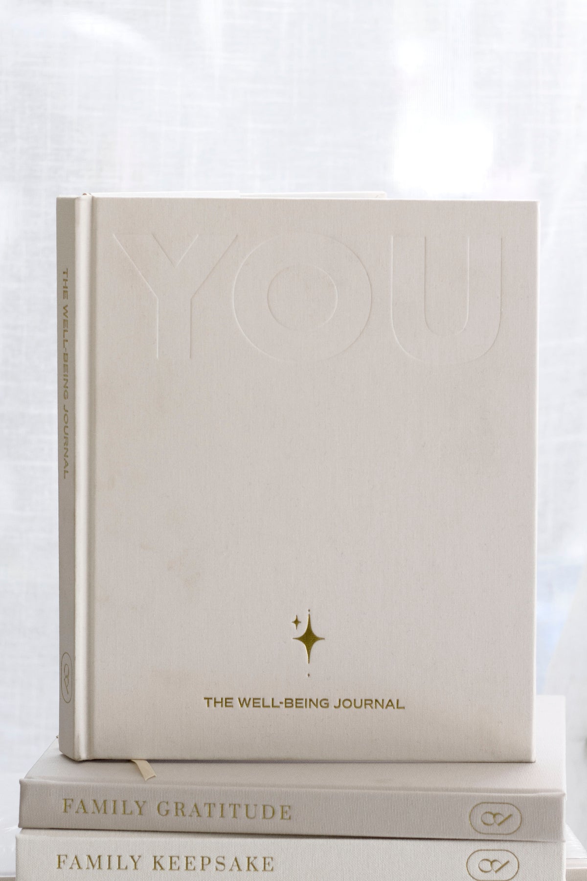 The cream YOU. journal standing on a stack of Family Gratitude and Family Keepsake books