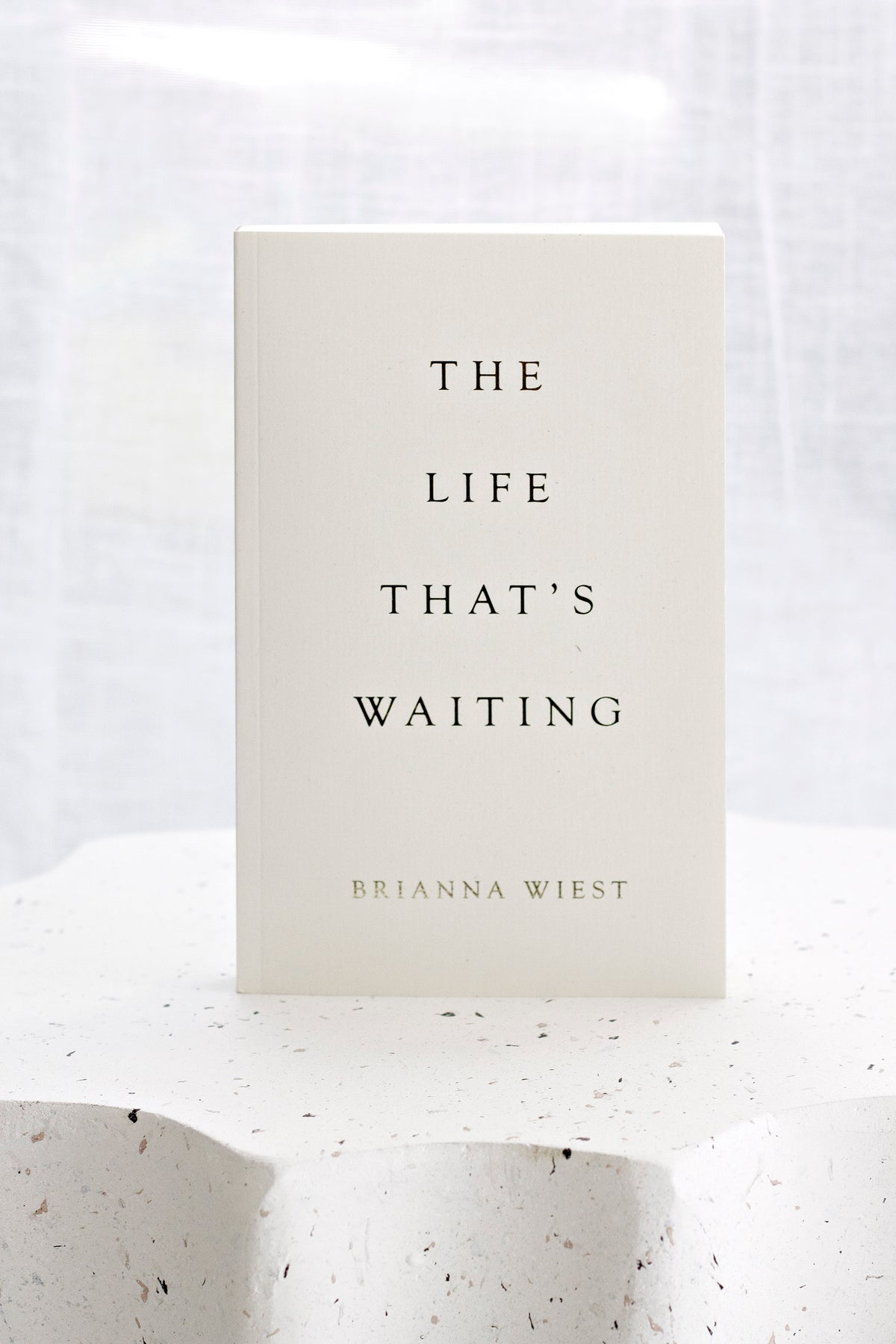 The Life That's Waiting standing upright on a white terrazzo side table