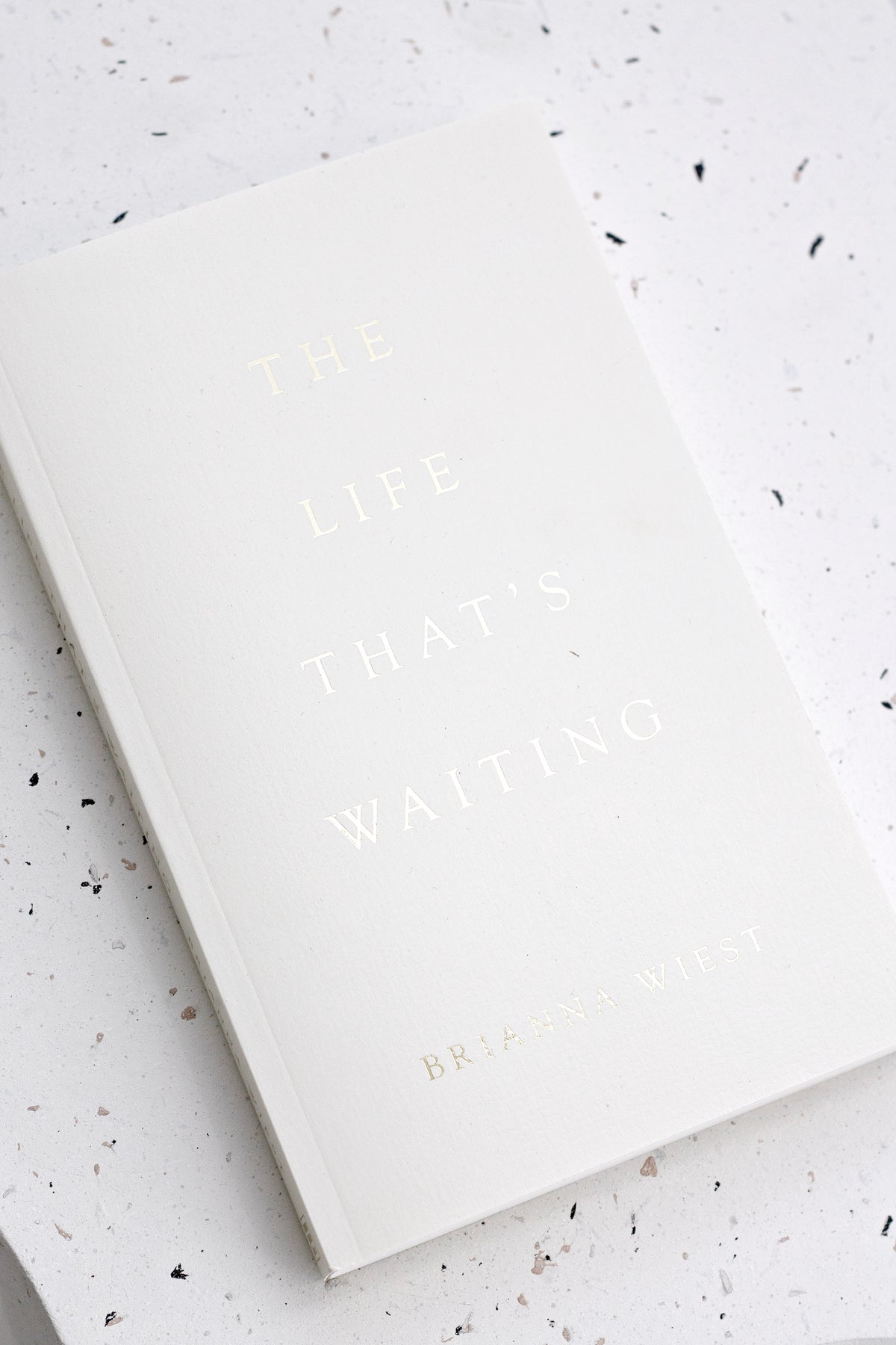 Close-up of The Life That's Waiting cover on a speckled terrazzo surface