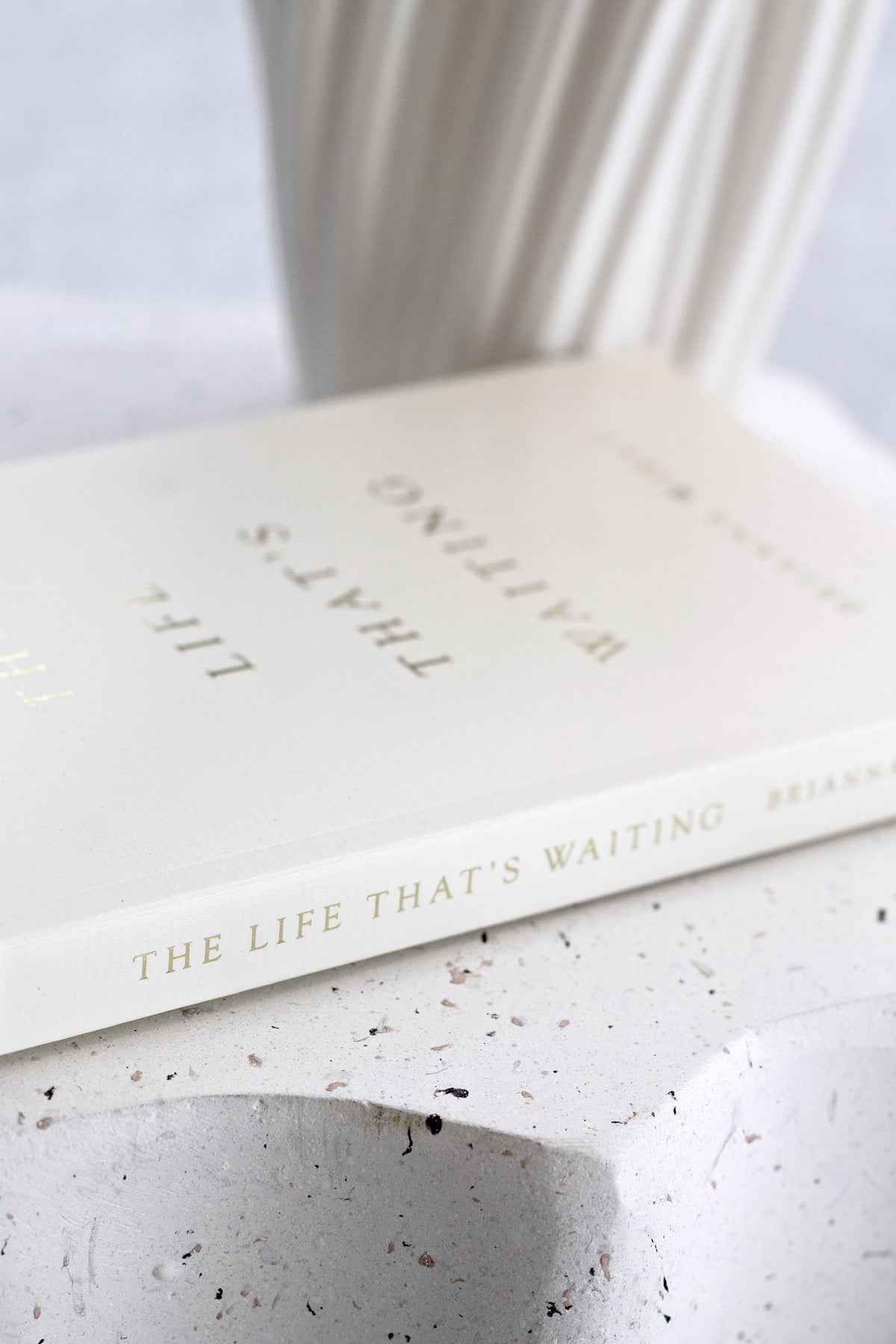 Close-up of the gold spine lettering on The Life That's Waiting, lying on terrazzo