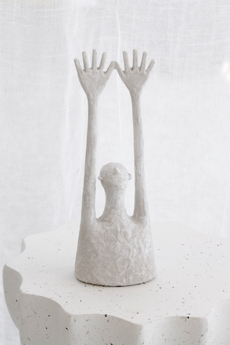 Yay Figurative Sculpture | White Abstract Resin Statue with Raised Arms