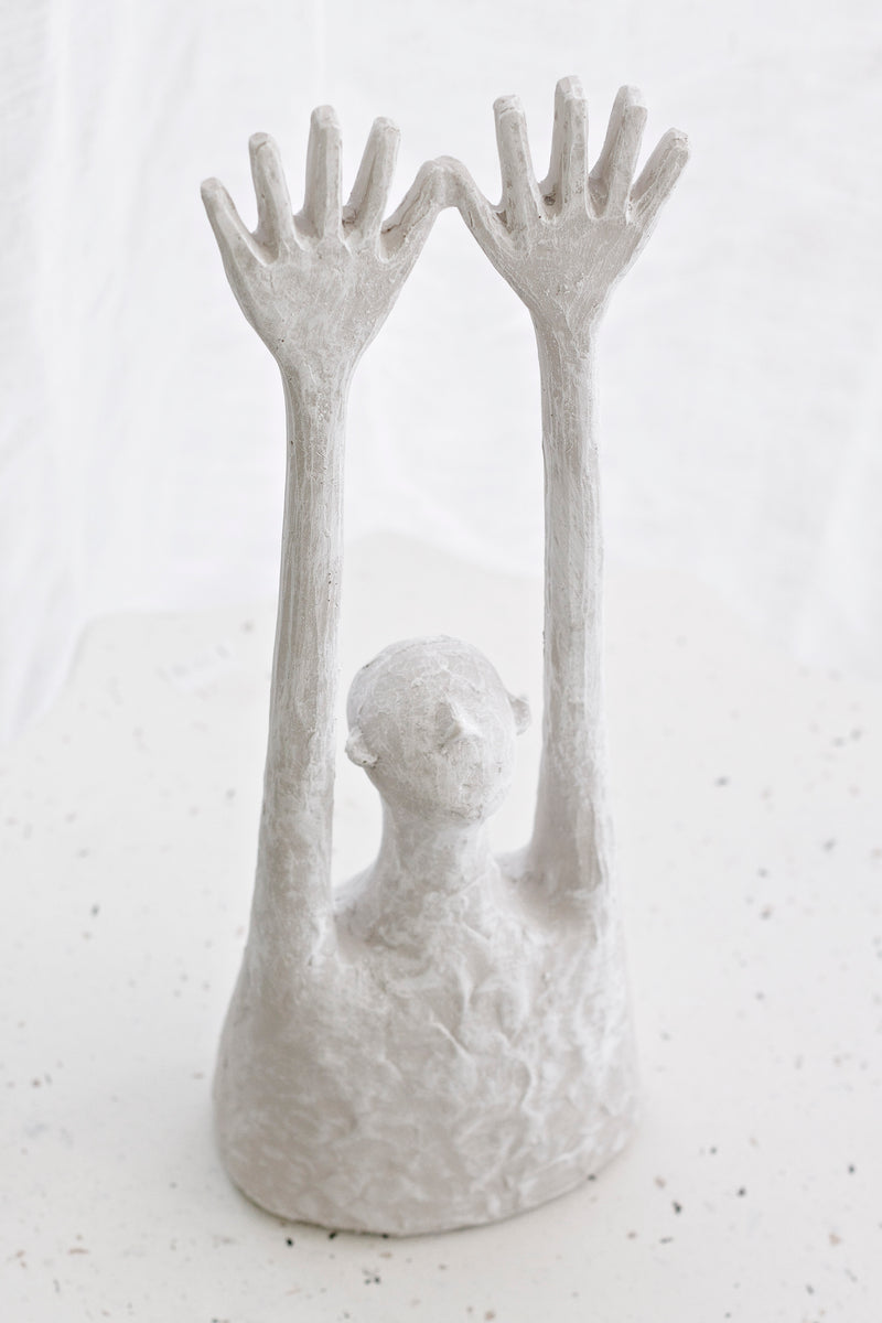 Yay Figurative Sculpture | White Abstract Resin Statue with Raised Arms