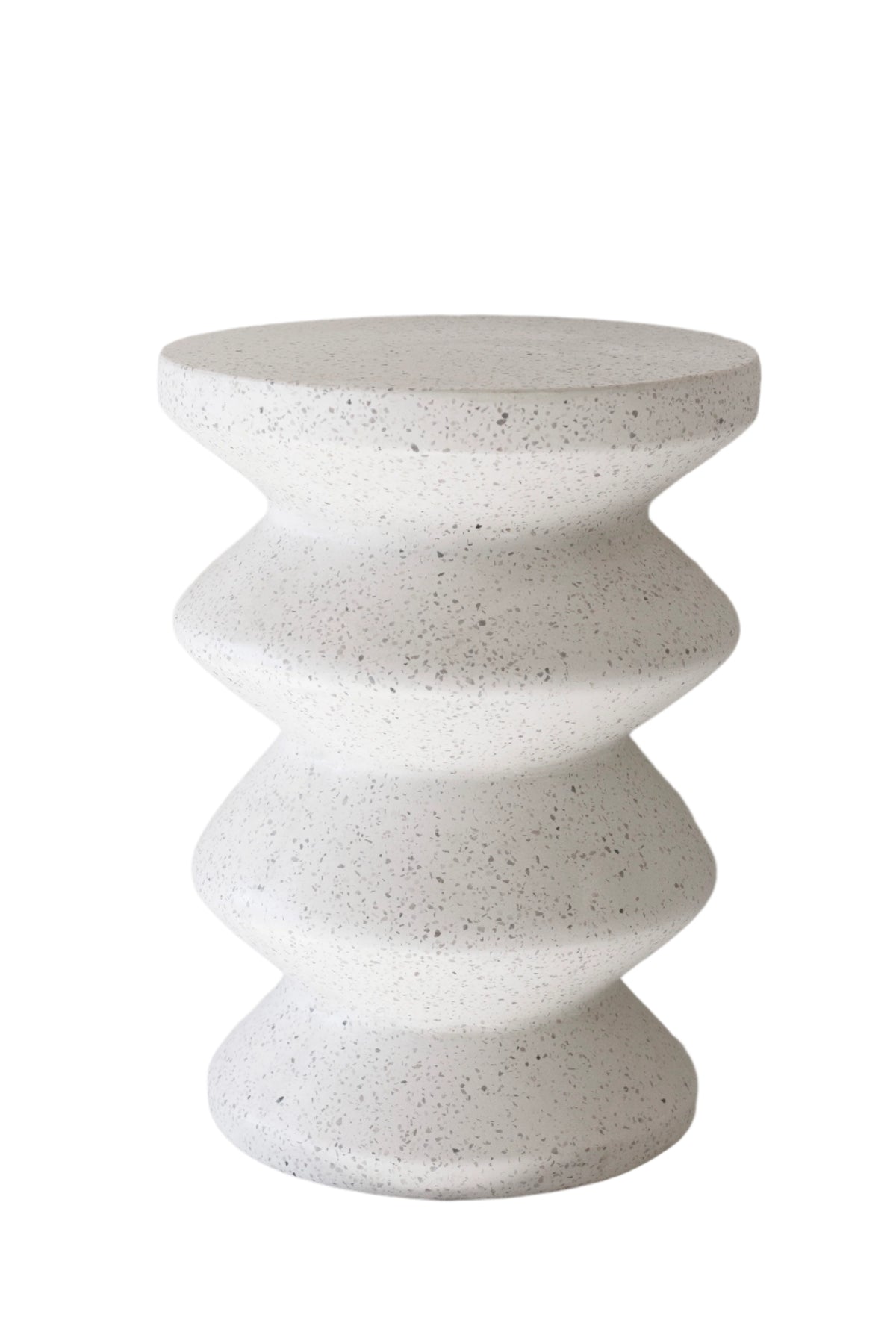 Nara stool in white speckled stone with a stacked ring form, plain background