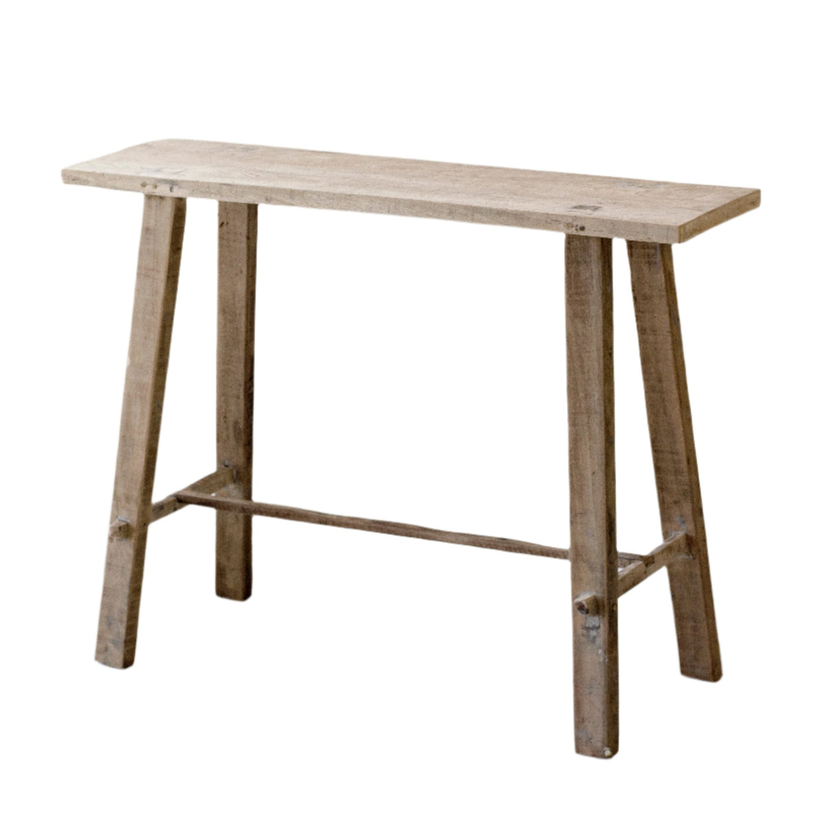 Recycled teak console table in natural timber on a plain background, with splayed legs