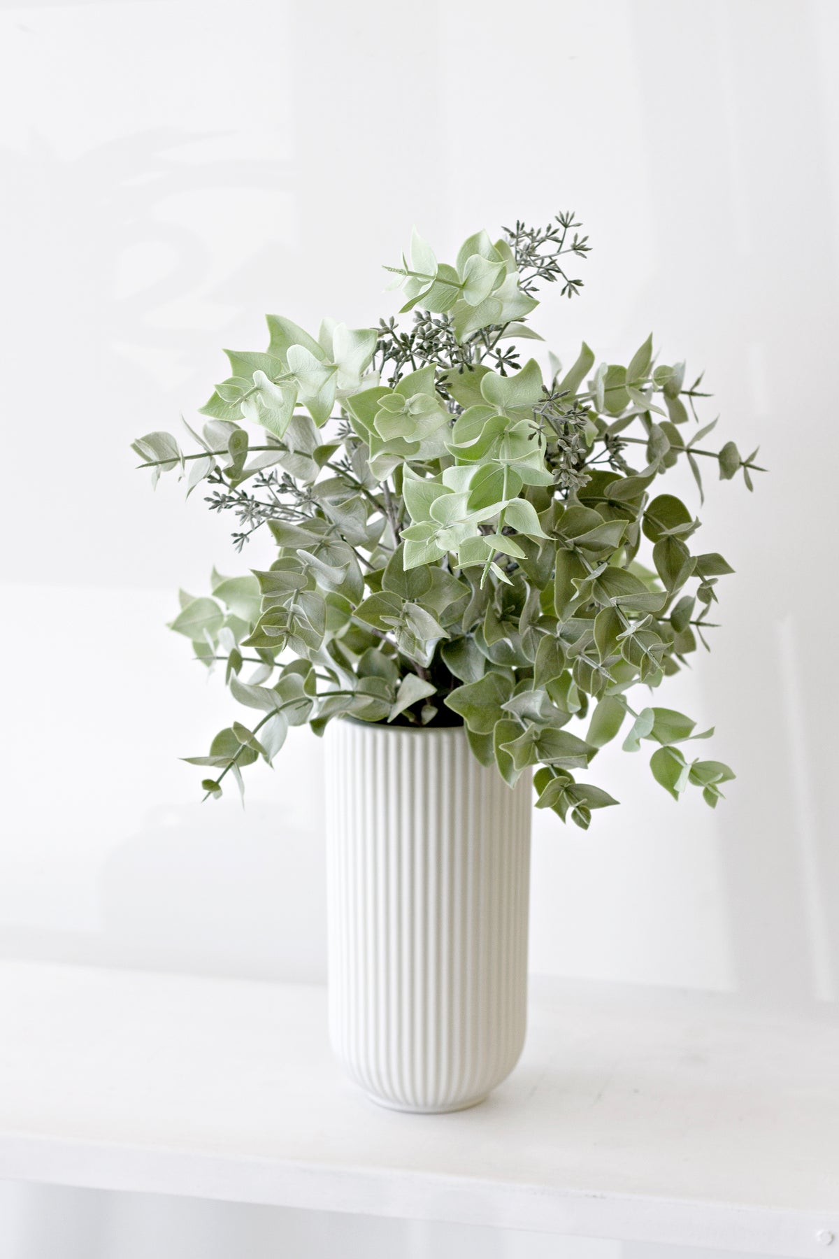 Faux seeded eucalyptus filling a fluted white vase