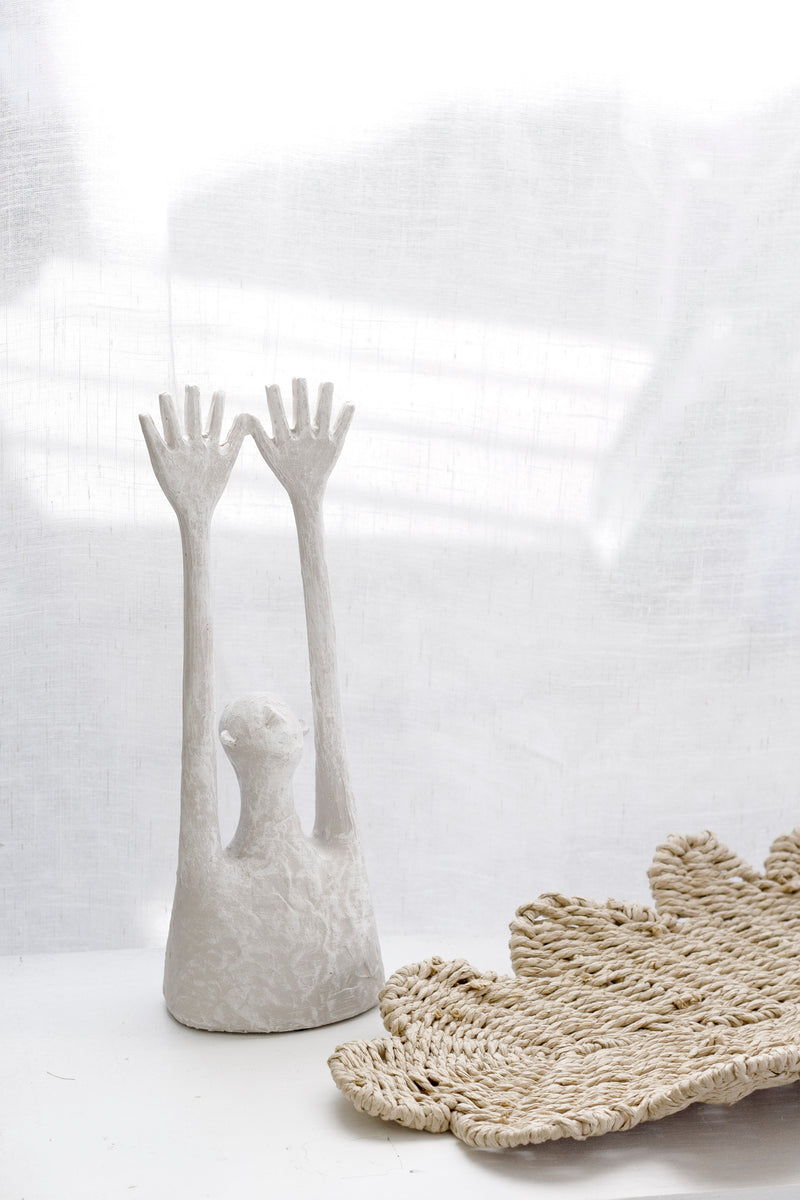 Yay Figurative Sculpture | White Abstract Resin Statue with Raised Arms