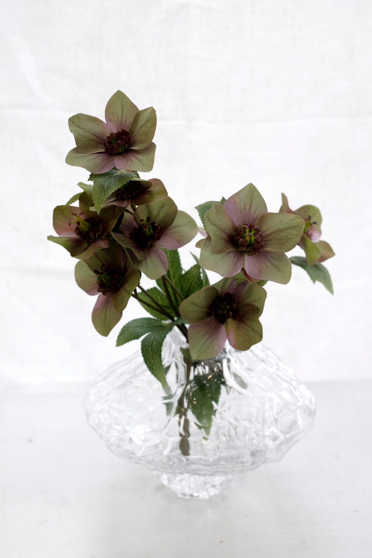 Clear rippled crystal glass vase holding hellebore stems against a linen backdrop