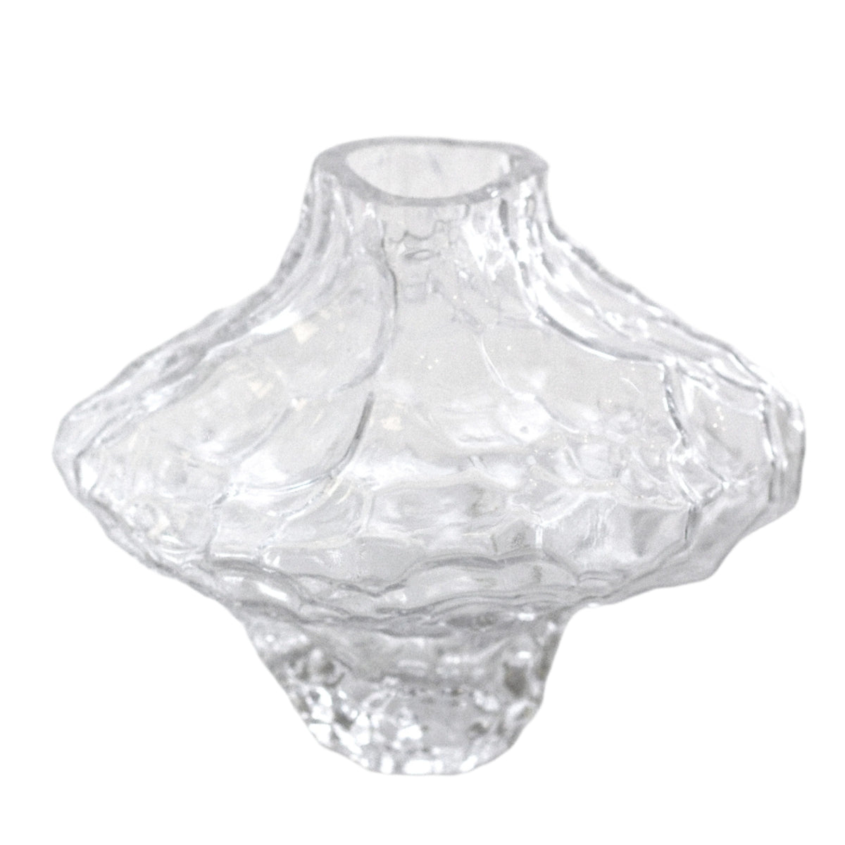 Clear rippled crystal glass vase on a plain background, showing the flared sculptural rim