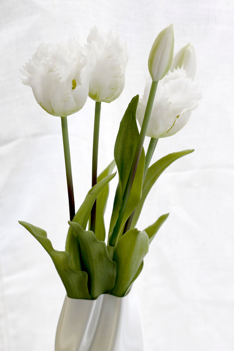 White Parrot Tulip Bunch – Set of 5 Faux Ruffled Heads