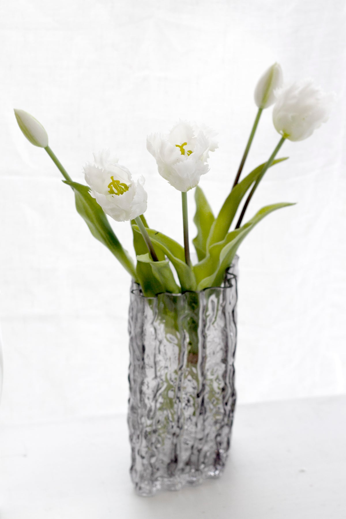 Clear Glacier vase holding white tulips against a plain white backdrop