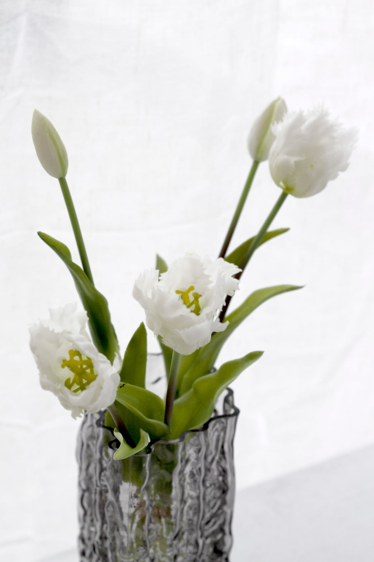 White Parrot Tulip Bunch, Set of 5 Faux Ruffled Heads
