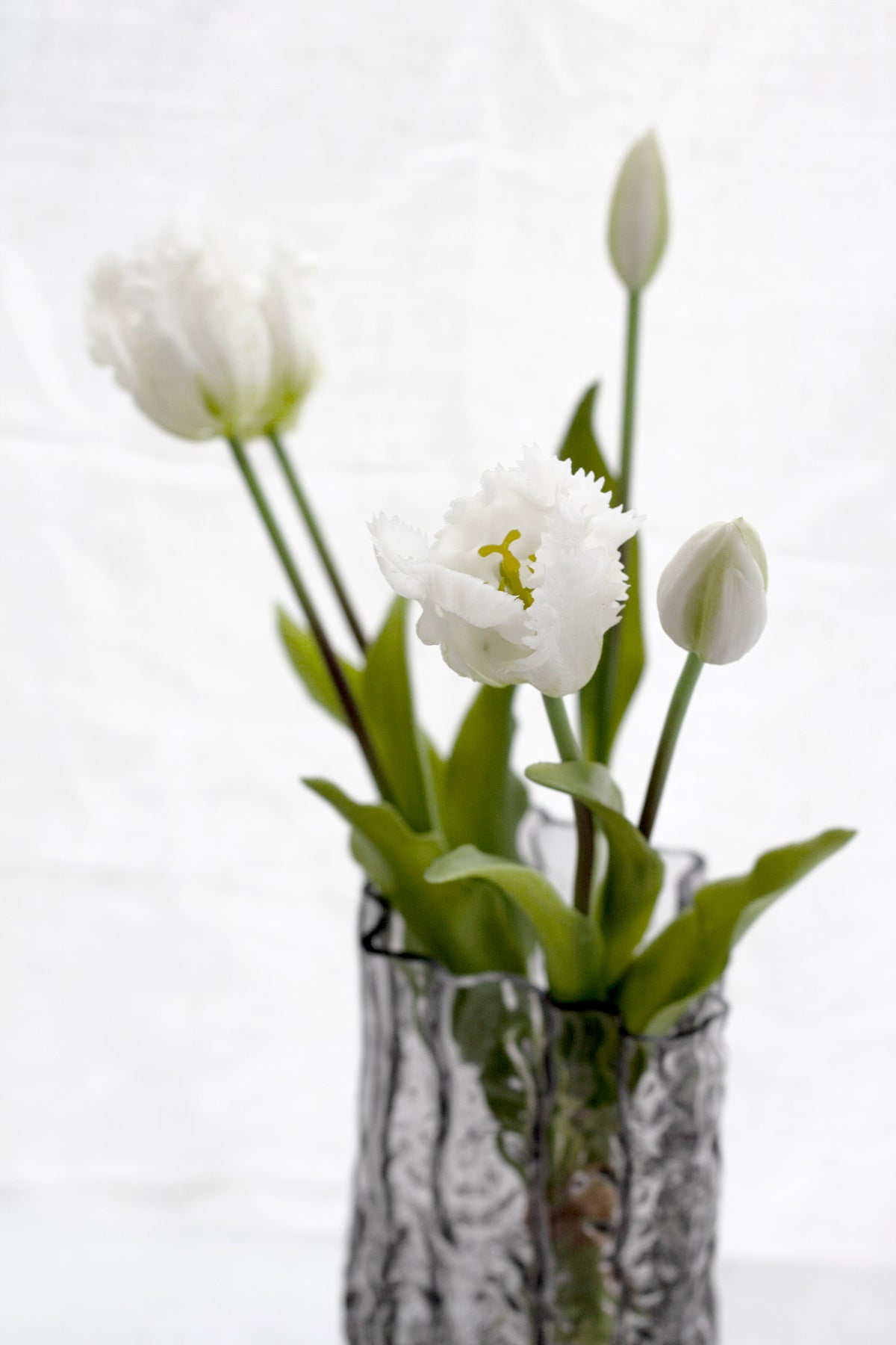 White Parrot Tulip Bunch, Set of 5 Faux Ruffled Heads