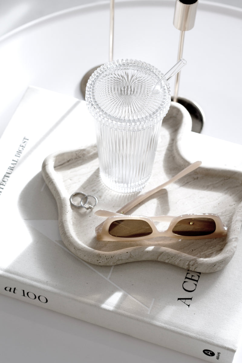 Travertine Curved Tray by Papier HQ – Sculptural Stone Styling Piece for Desk, Vanity or Console