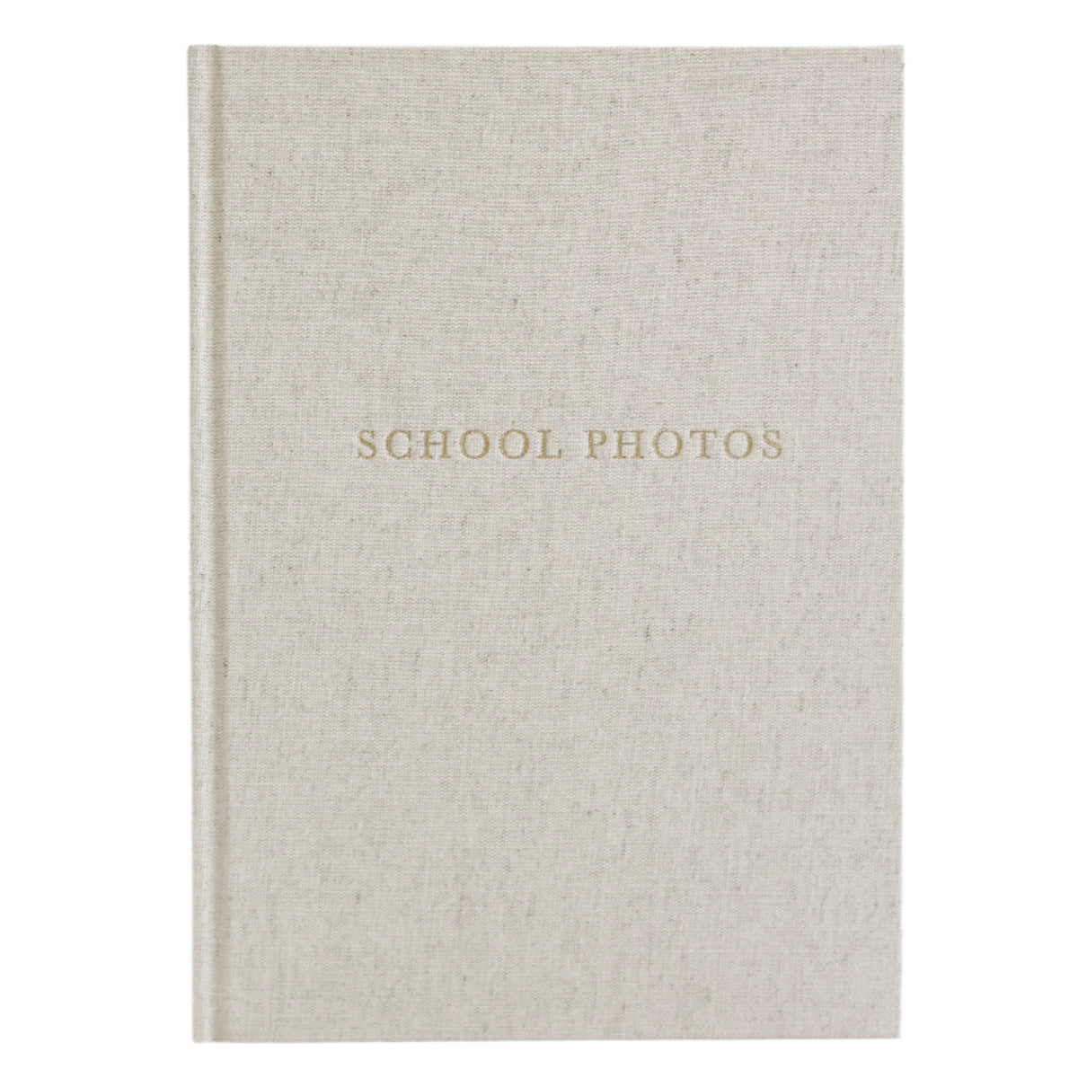 Write To Me School Photos journal in oatmeal linen with gold embossed title, front cover