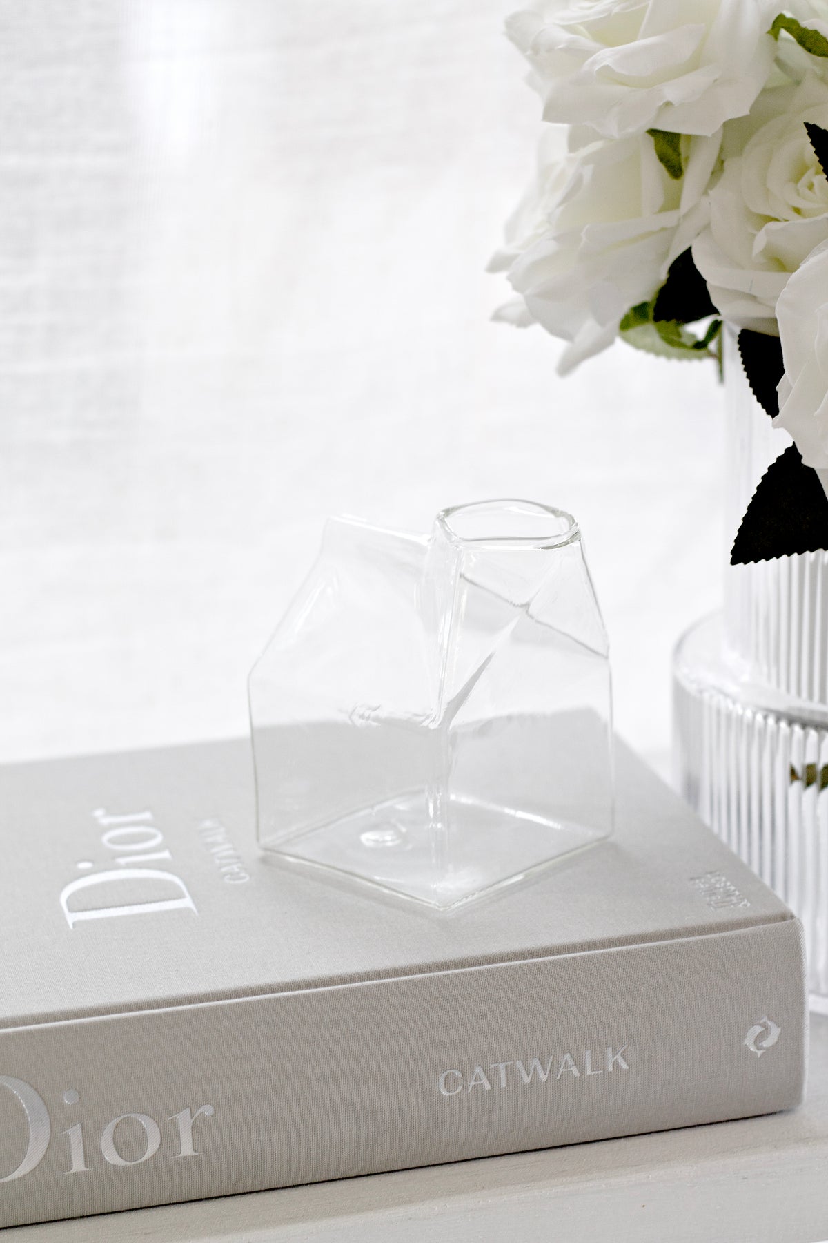 Half Pint glass creamer styled on a breakfast tray with linen and ceramics