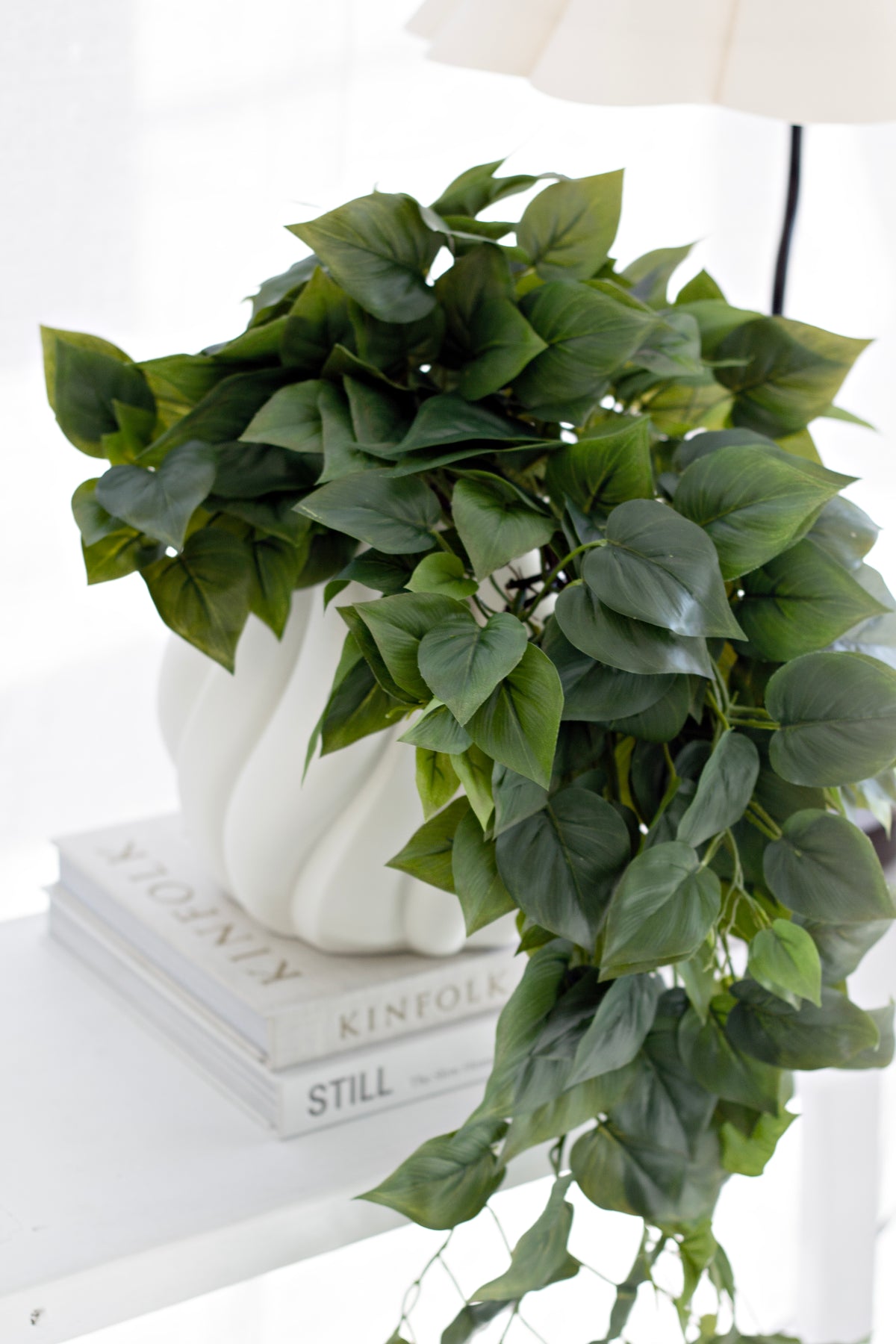 Close view of the faux philodendron's glossy leaves spilling over books