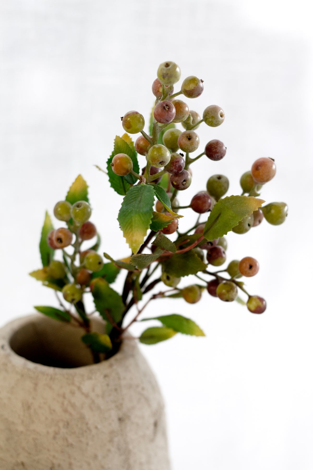 Summer berry branch in a textured oatmeal vase with berries spilling over the rim