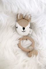 Miss Deer Wooden Baby Teether – 18cm | Natural Cotton & Timber Rattle by Lily & George