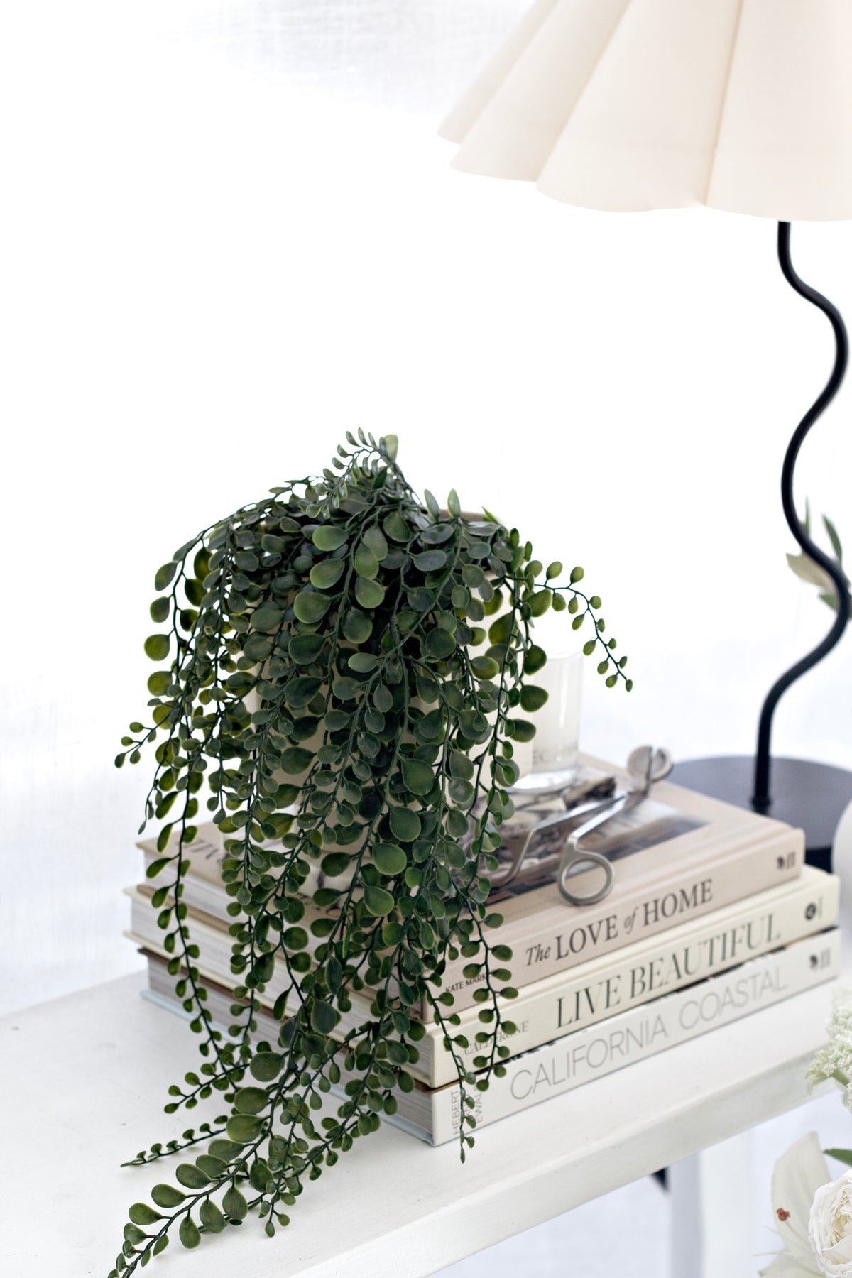 Faux pea leaf bush trailing over a stack of books beside a pleated lamp