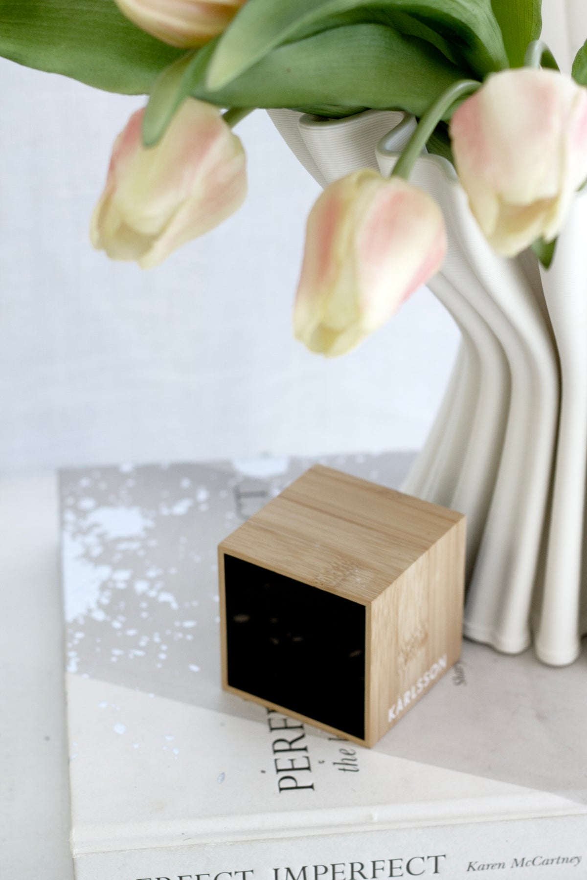 Karlsson Mini Cube LED Alarm Clock showing bamboo casing and LED display