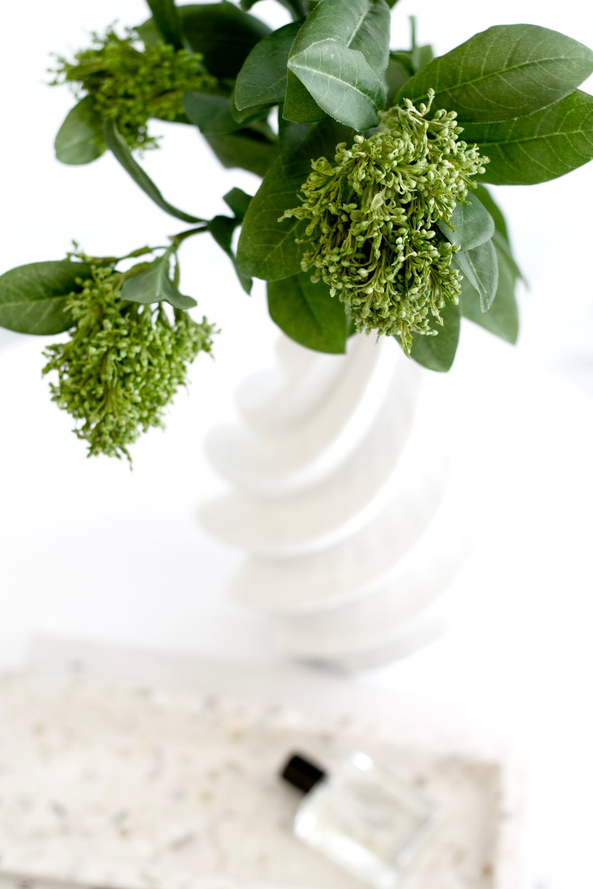 Close on green foliage arranged in the spiral vase, terrazzo tray below