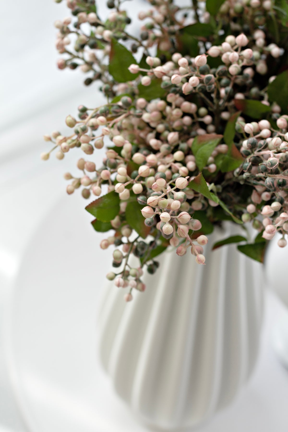 Cottage berry spray spilling from a white fluted vase in soft daylight