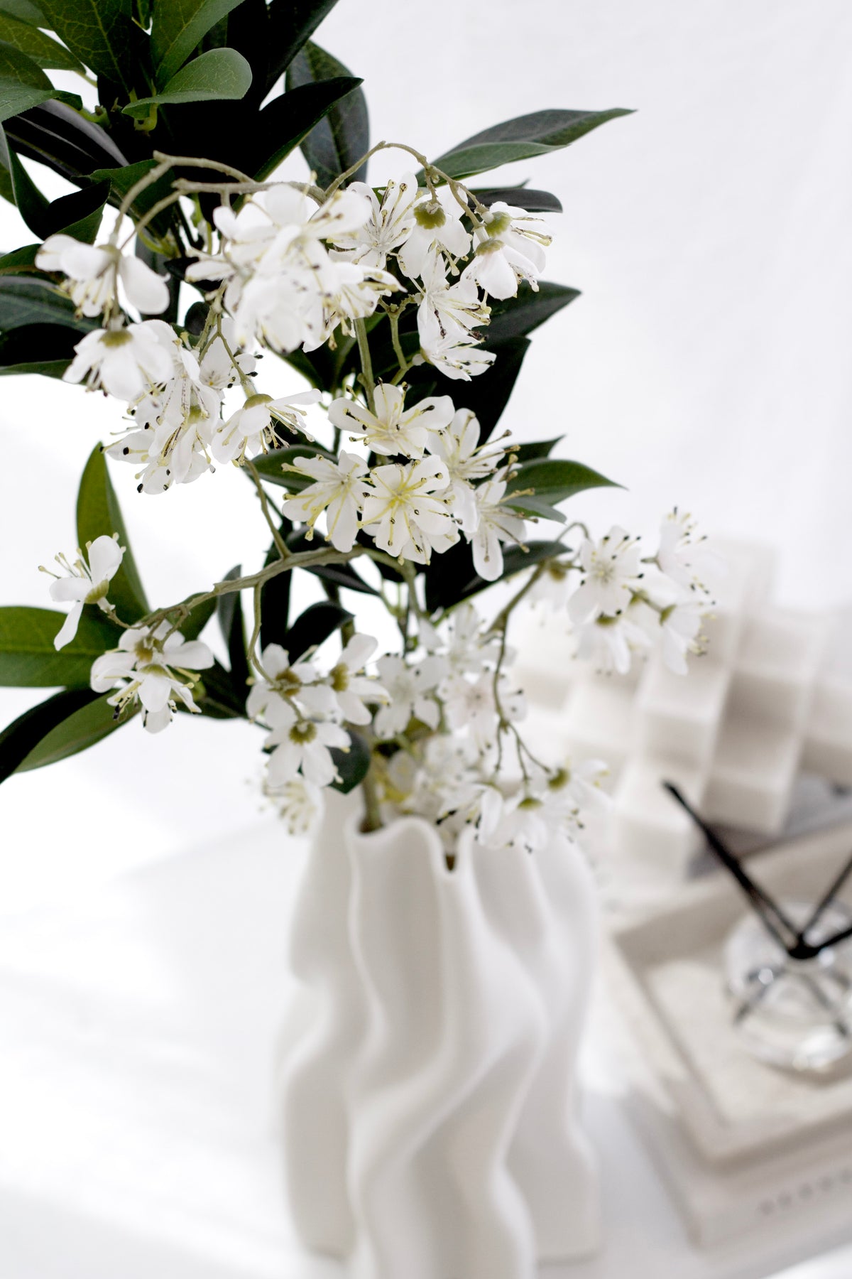 Hawthorn Blossom Spray, White Tall Faux Stem