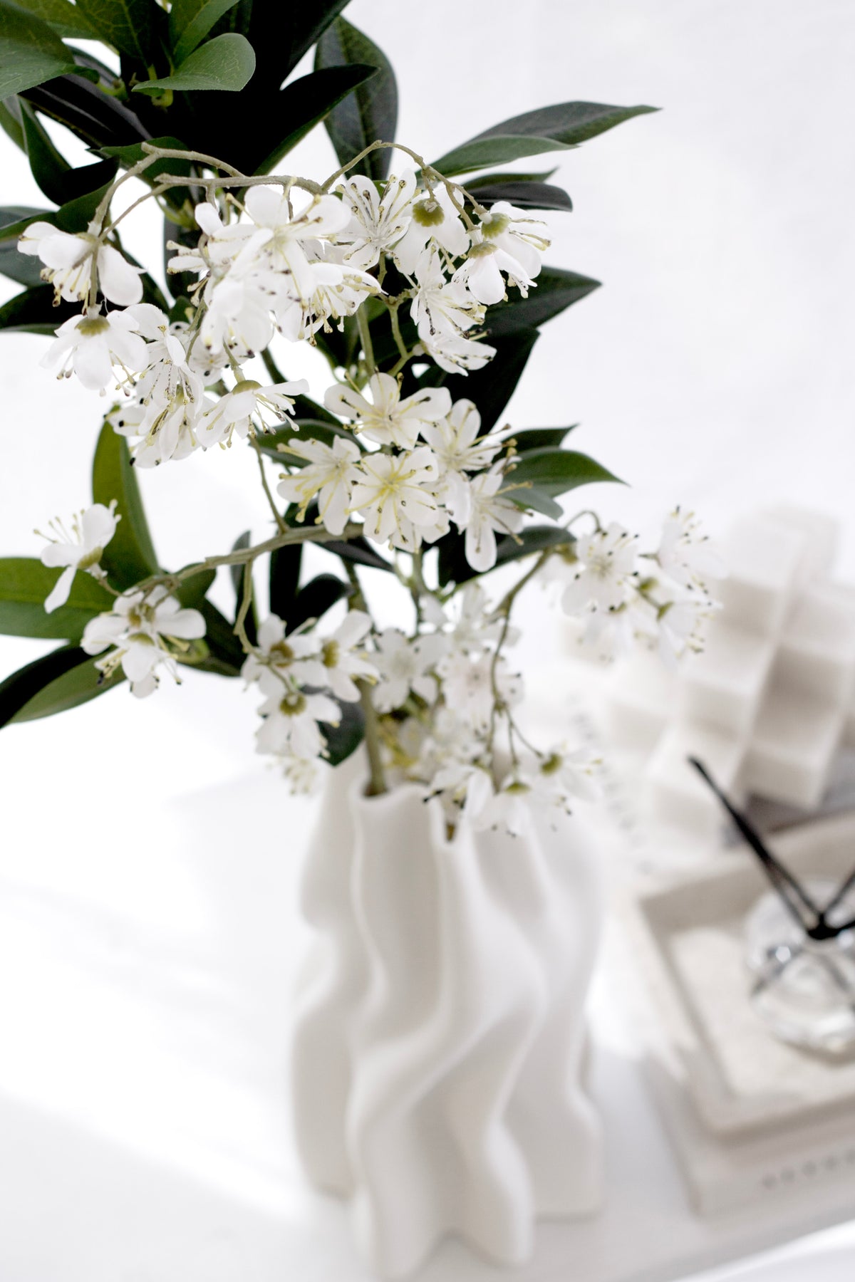 Hawthorn Blossom Spray, White Tall Faux Stem