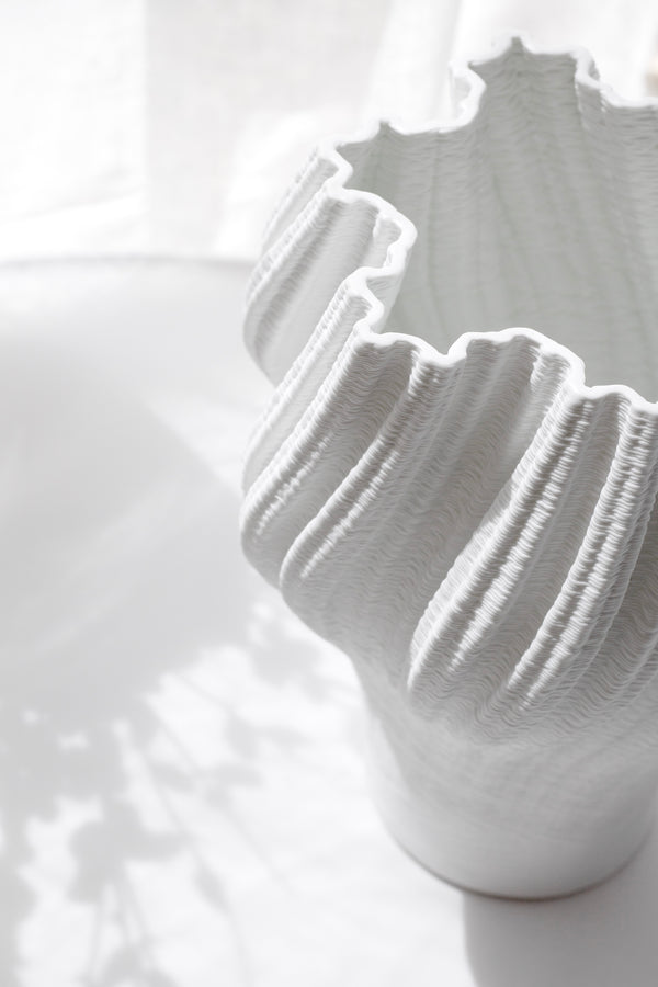 3D Printed Ceramic Vase – White Sculptural Pleated Porcelain Vase