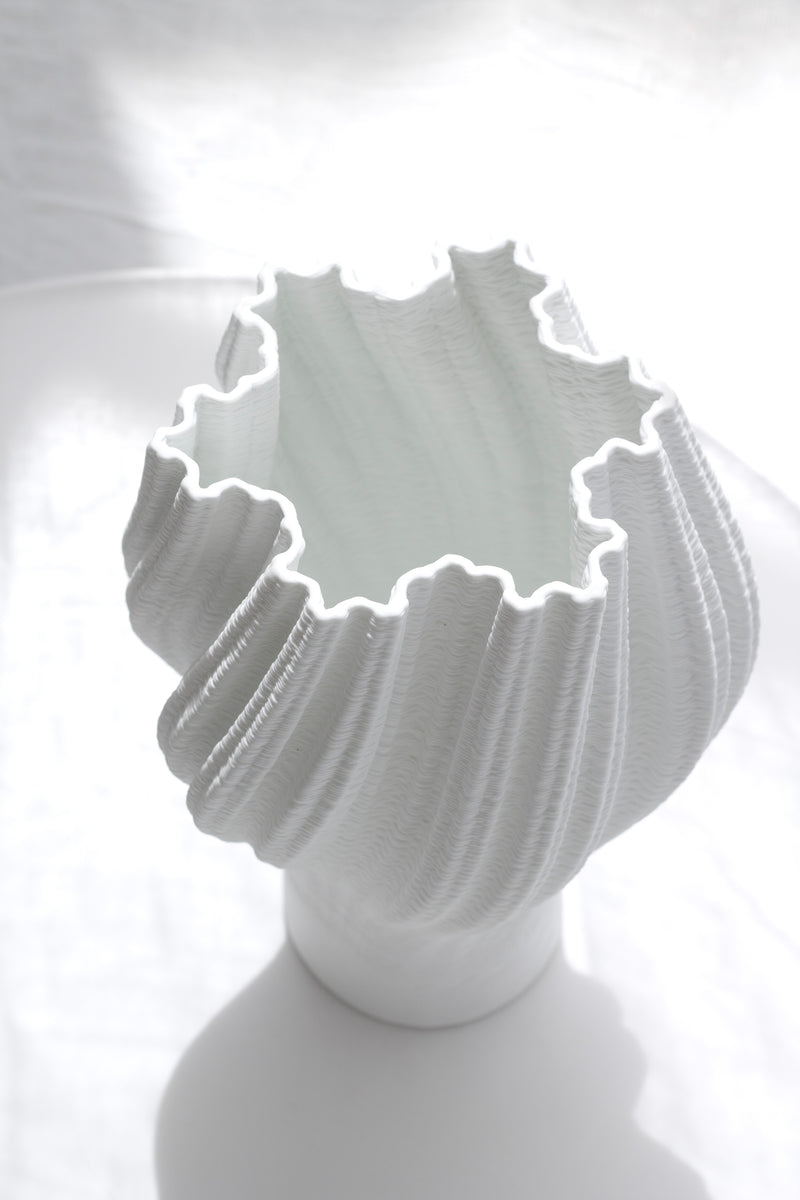 3D Printed Ceramic Vase – White Sculptural Pleated Porcelain Vase