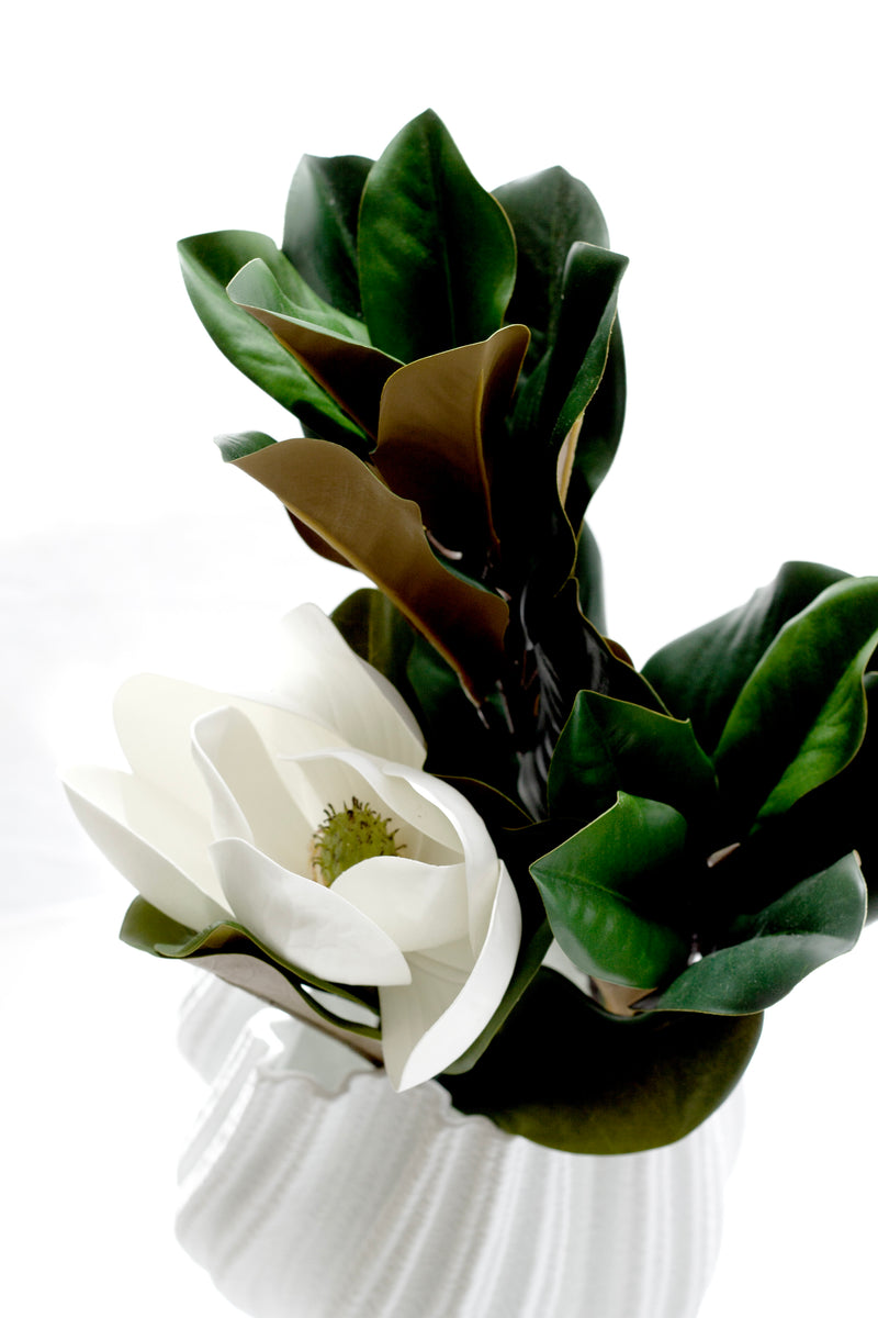 Southern Magnolia Spray 60 cm — White Faux Bloom with Lifelike Leaves