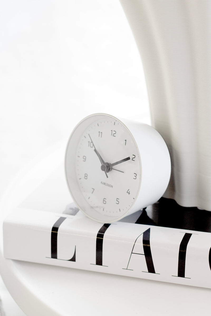 Karlsson Cone Alarm Clock — Silent Sweep, White Iron, 10cm, AA Powered