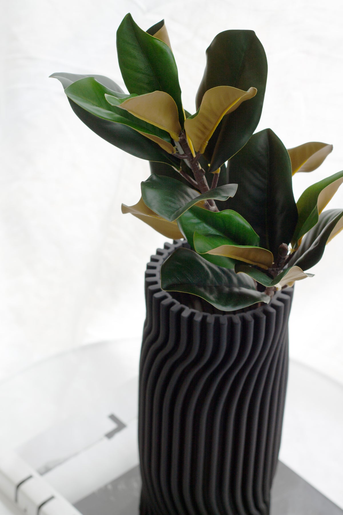 Faux magnolia leaf spray in a black ribbed wave vase on a white table