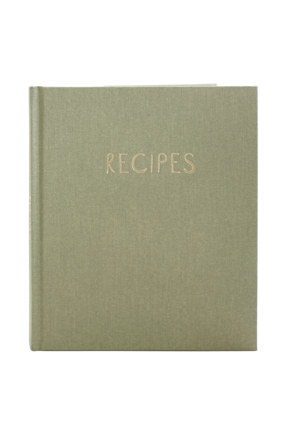 Write To Me Recipes journal in olive linen with gold embossed title, front cover on a white background