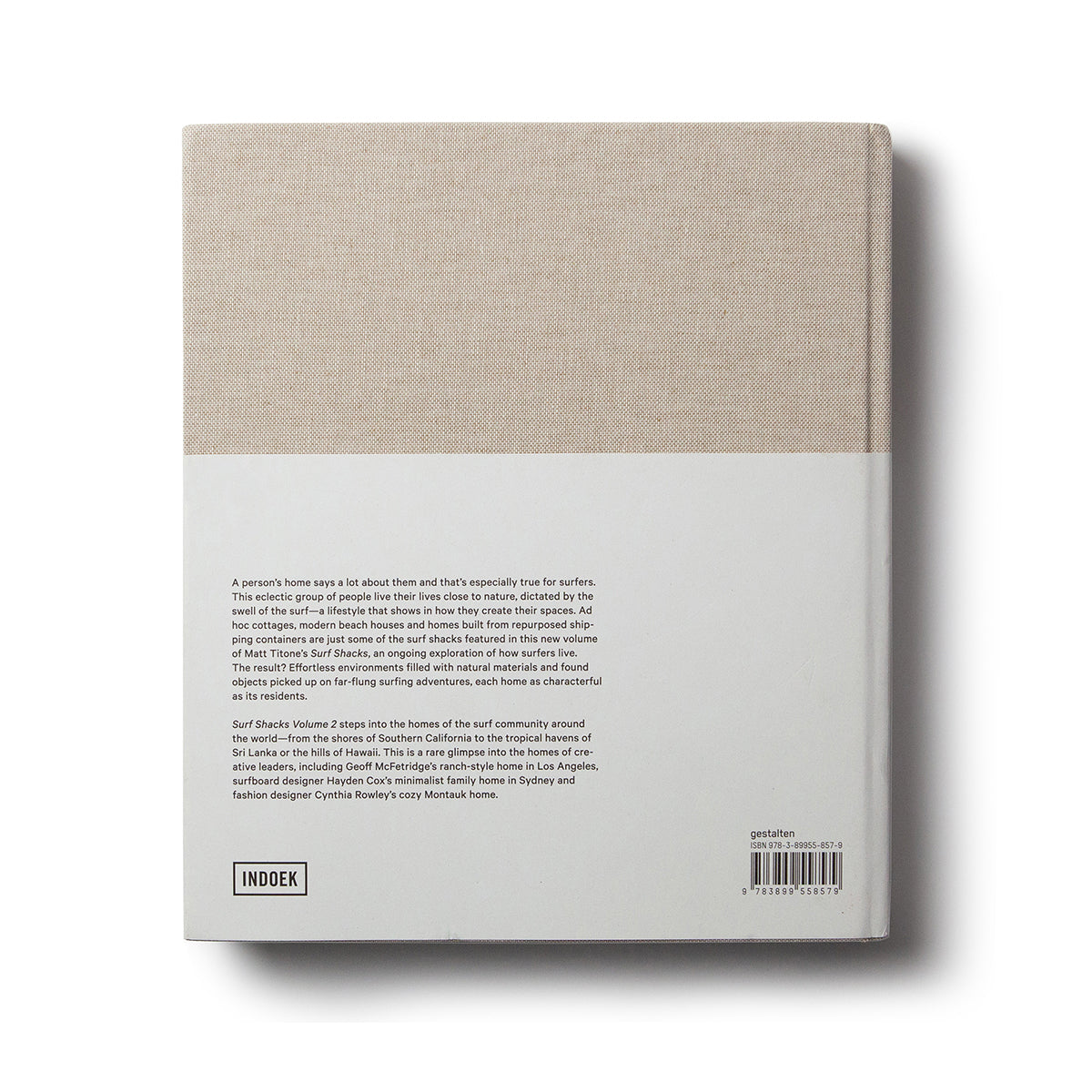 Back cover of Surf Shacks Volume 2 with the blurb and barcode