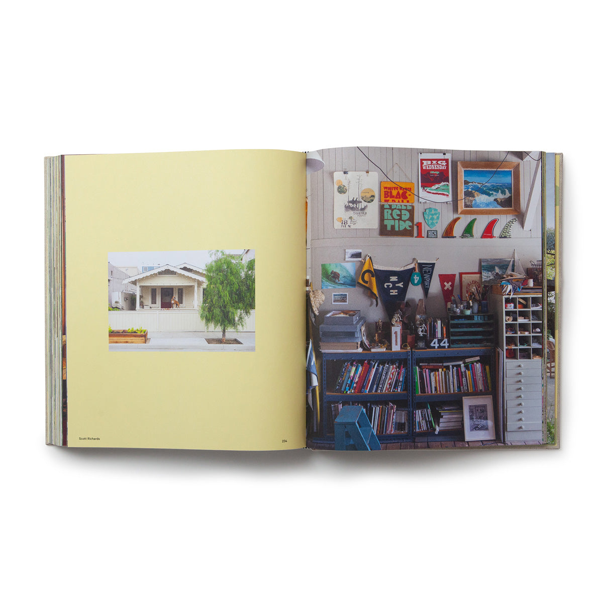 Spread with a house exterior and a wall of records and surf art