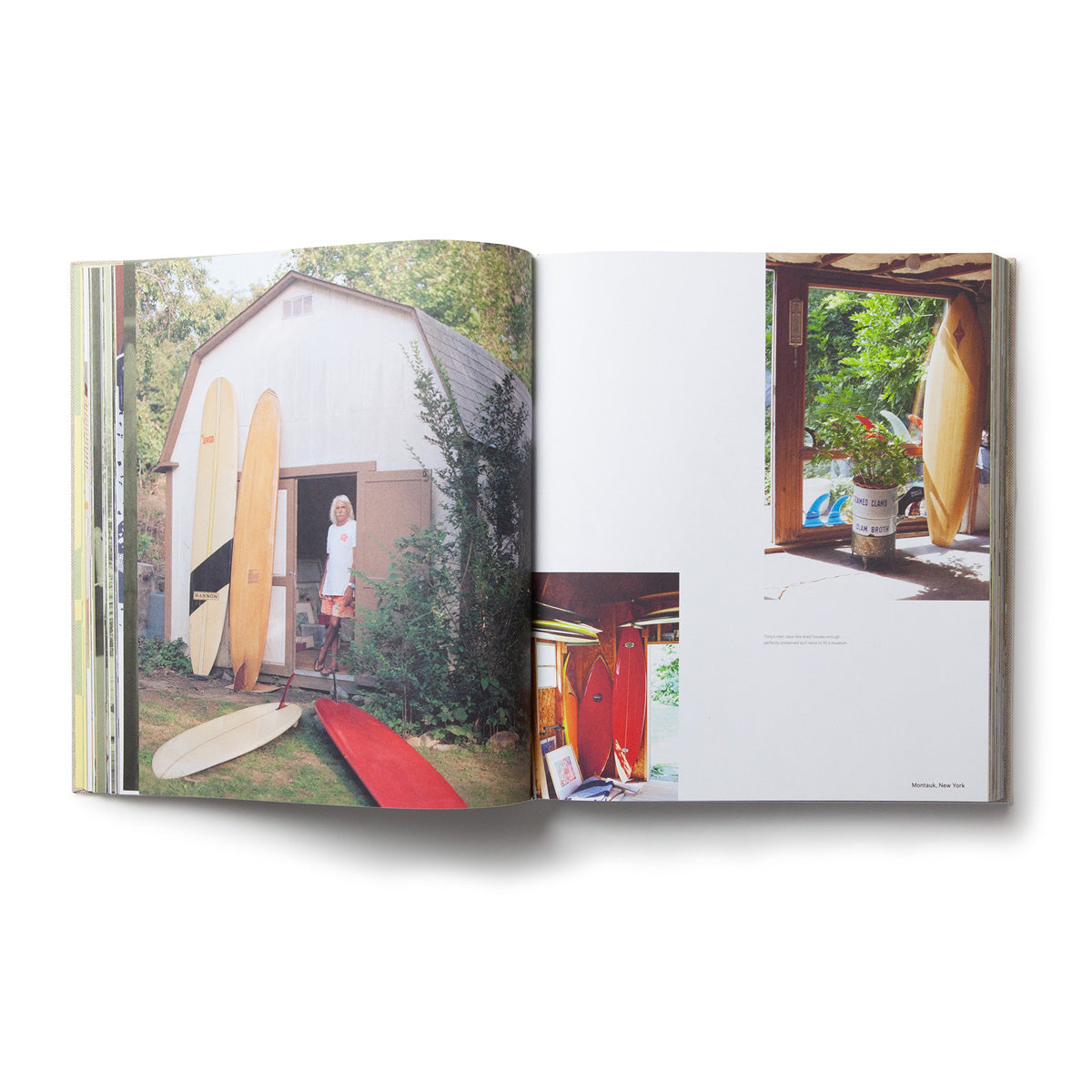 Spread showing a garage with surfboards and a colourful interior