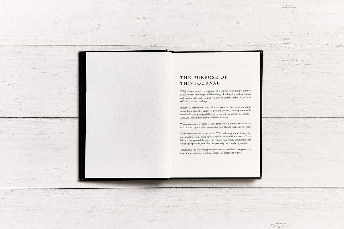 Inner Mastery journal open at its introduction page on white timber