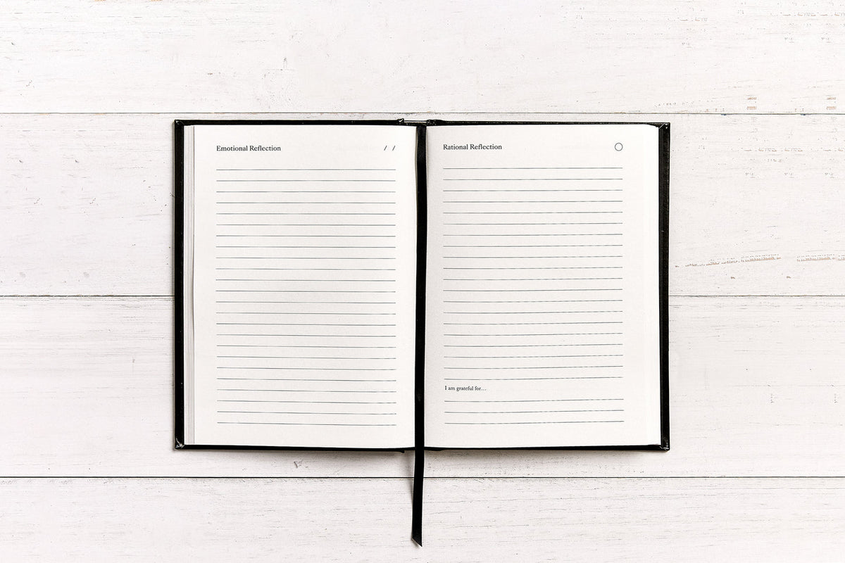 Inner Mastery journal open at two lined pages with a black ribbon marker
