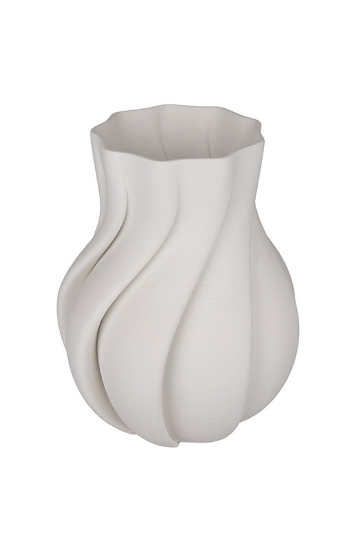 Janey 3D ceramic vase in white, large size with a twisted fluted body and scalloped rim