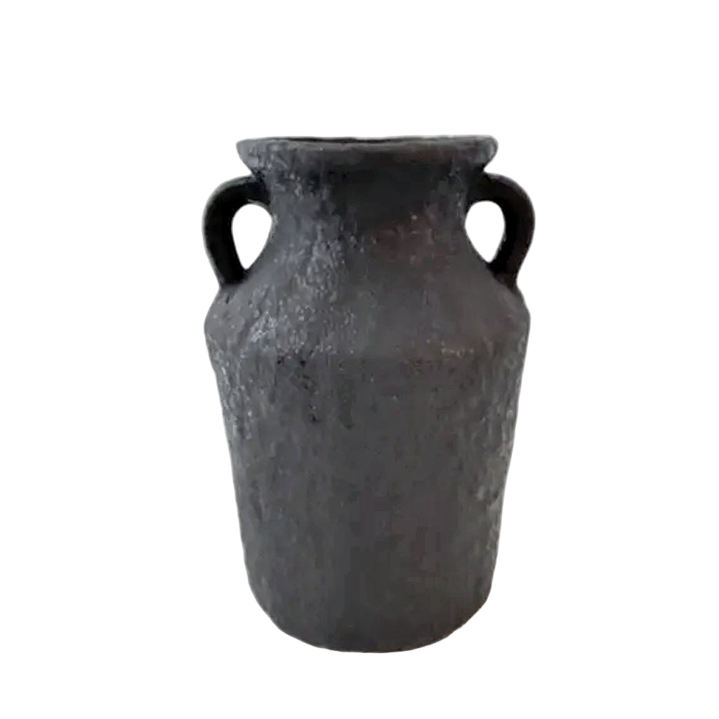 Kaia charcoal stone vase with twin handles on a white background