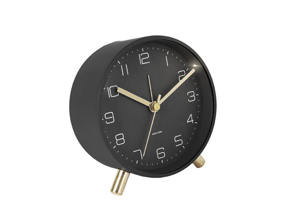 Karlsson Lofty Alarm Clock in black with gold hands and legs on a white background