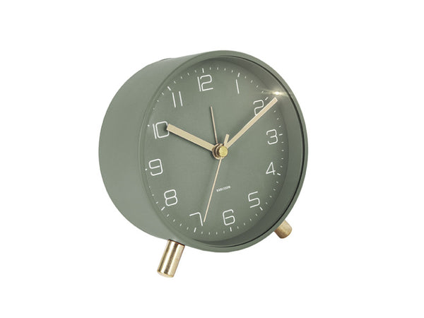 Karlsson Lofty Alarm Clock in green with gold legs on a white background